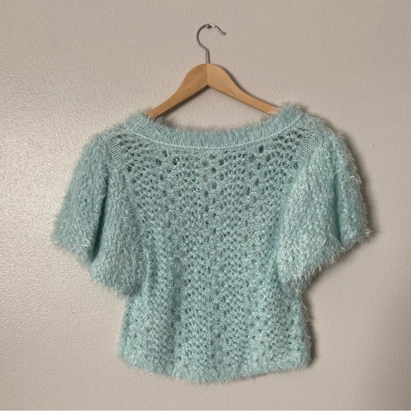 Free People Sweet Deets Pullover Short Sleeve Sweater Salt Air Combo Medium NWT - Picture 6 of 10